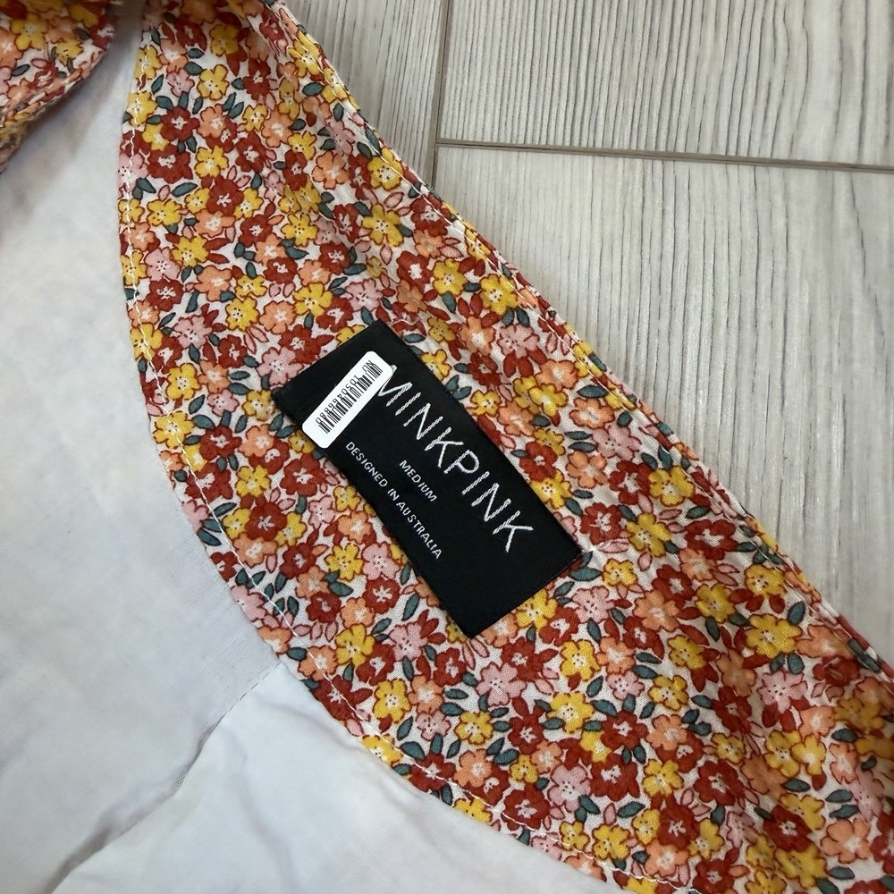 MINKPINK Morwell Medium Boho Floral Wrap Mini Dress Puff Sleeve Cottagecore - Picture 4 of 10